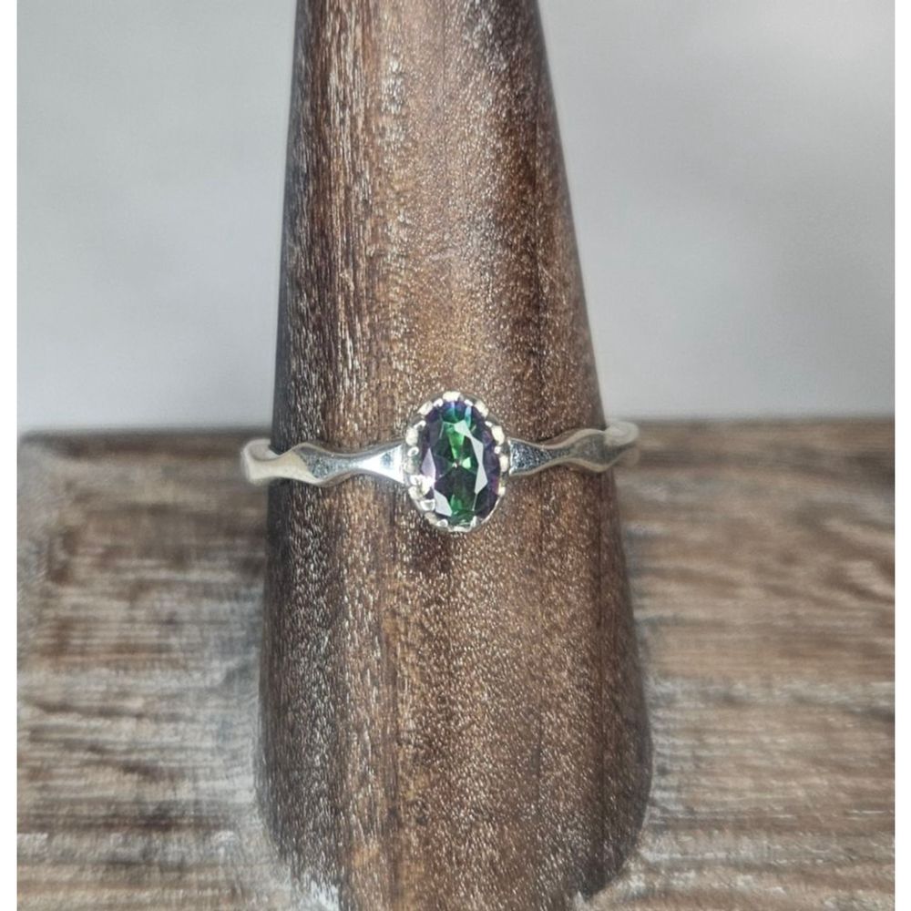 Sterling Silver Mystic Topaz Ring Oval Faceted Rainbow Gemstone Stacking Ring